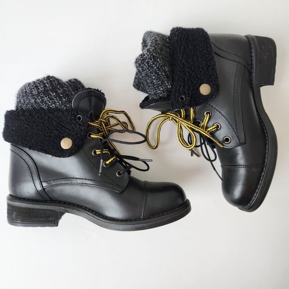 Musse & Cloud Black Leather Boot Sweater Sherpa Hiking Ankle Fall Winter Cute - Picture 2 of 11